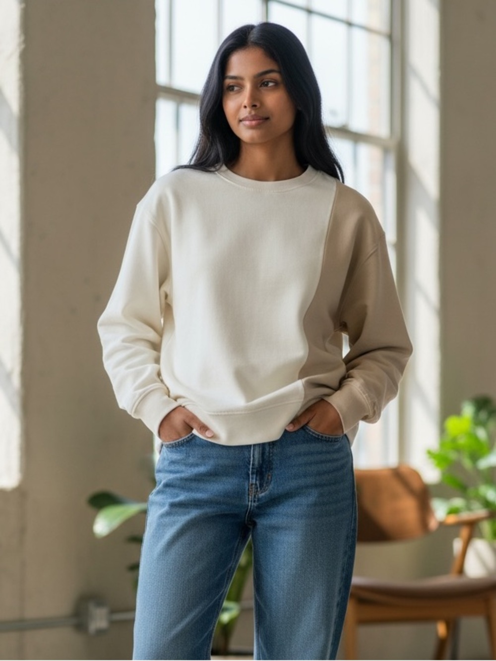 Zara White and Tan Crew Neck Sweatshirt Size Medium 97% Cotton